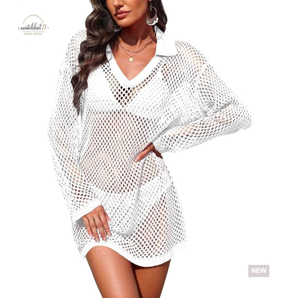 Crochet Knit Swim Cover Up Long Sleeve Loose Fit Beach Vacation Outfit